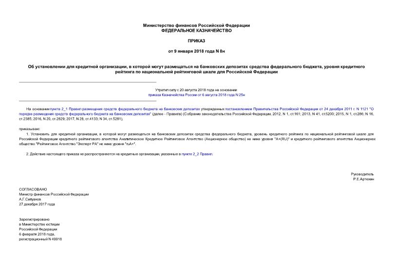 Приказ 8н Об установлении для кредитной организации, в которой могут размещаться на банковских депозитах средства федерального бюджета, уровня кредитного рейтинга по национальной рейтинговой шкале для Российской Федерации