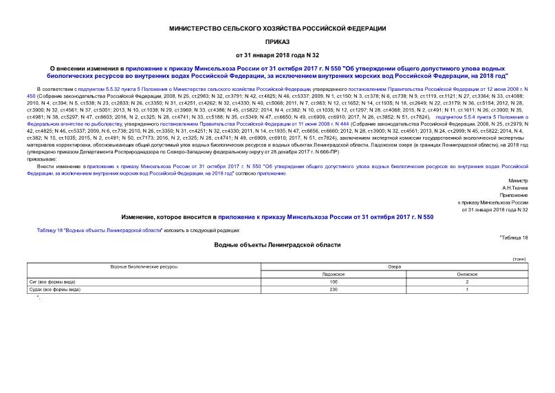 Приказ 32 О внесении изменения в приложение к приказу Минсельхоза России от 31 октября 2017 г. N 550 