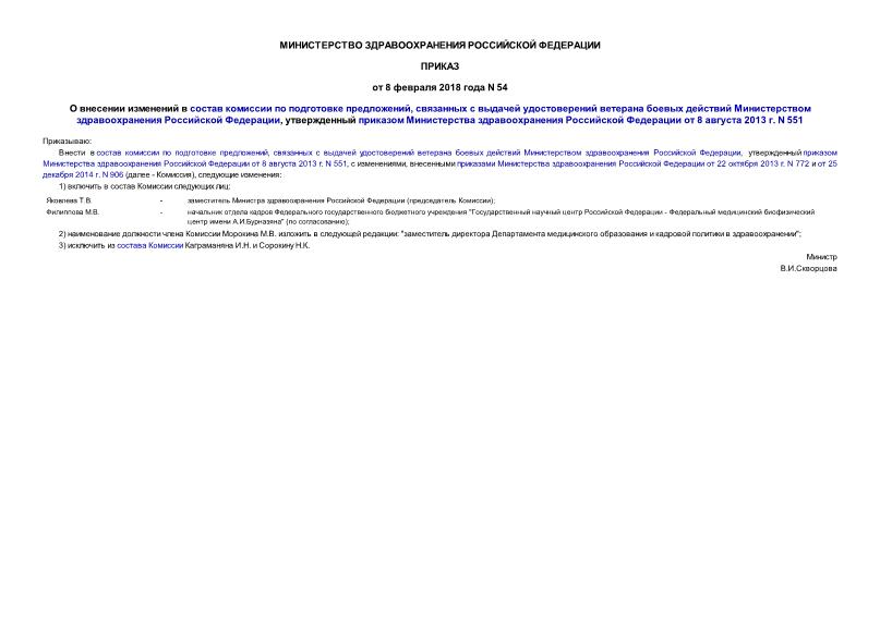 Приказ 54 О внесении изменений в состав комиссии по подготовке предложений, связанных с выдачей удостоверений ветерана боевых действий Министерством здравоохранения Российской Федерации, утвержденный приказом Министерства здравоохранения Российской Федерации от 8 августа 2013 г. N 551