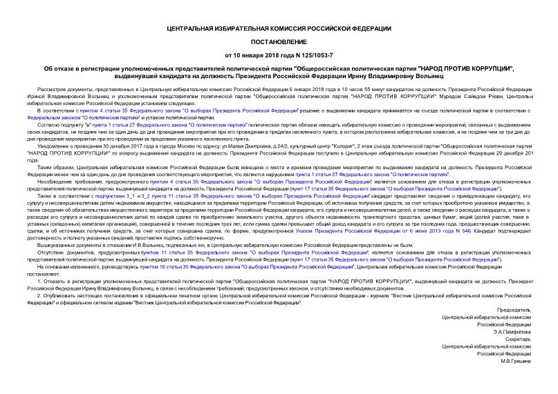 Постановление 125/1053-7 Об отказе в регистрации уполномоченных представителей политической партии 