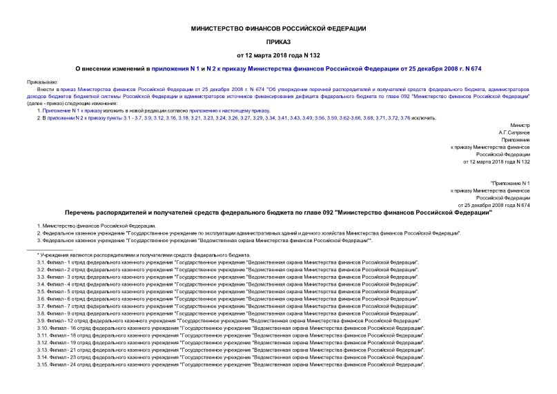 Приказ 132 О внесении изменений в приложения N 1 и N 2 к приказу Министерства финансов Российской Федерации от 25 декабря 2008 г. N 674