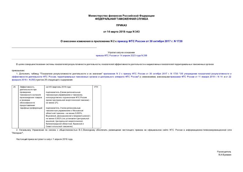 Приказ 343 О внесении изменения в приложение N 2 к приказу ФТС России от 30 октября 2017 г. N 1720