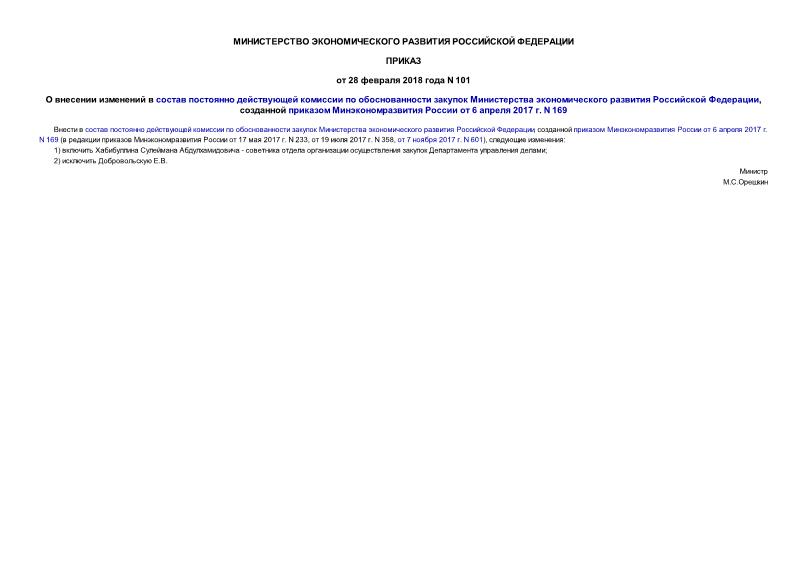Приказ 101 О внесении изменений в состав постоянно действующей комиссии по обоснованности закупок Министерства экономического развития Российской Федерации, созданной приказом Минэкономразвития России от 6 апреля 2017 г. N 169