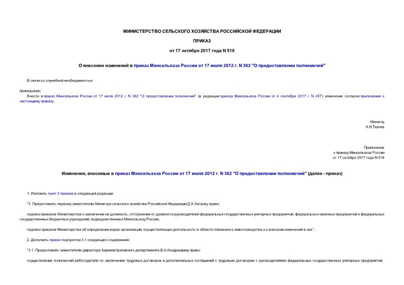 Приказ 518 О внесении изменений в приказ Минсельхоза России от 17 июля 2012 г. N 362 