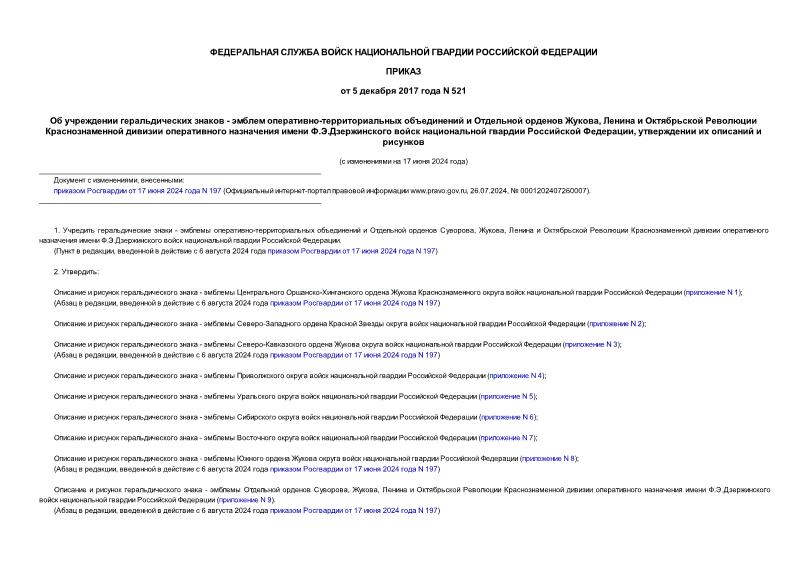 Приказ 521 Об учреждении геральдических знаков - эмблем оперативно-территориальных объединений и Отдельной орденов Жукова, Ленина и Октябрьской Революции Краснознаменной дивизии оперативного назначения имени Ф.Э.Дзержинского войск национальной гвардии Российской Федерации, утверждении их описаний и рисунков