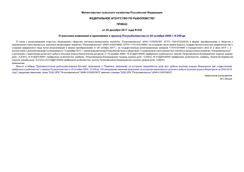 Приказ 938 О внесении изменений в приложение к приказу Росрыболовства от 20 октября 2008 г. N 259-дк