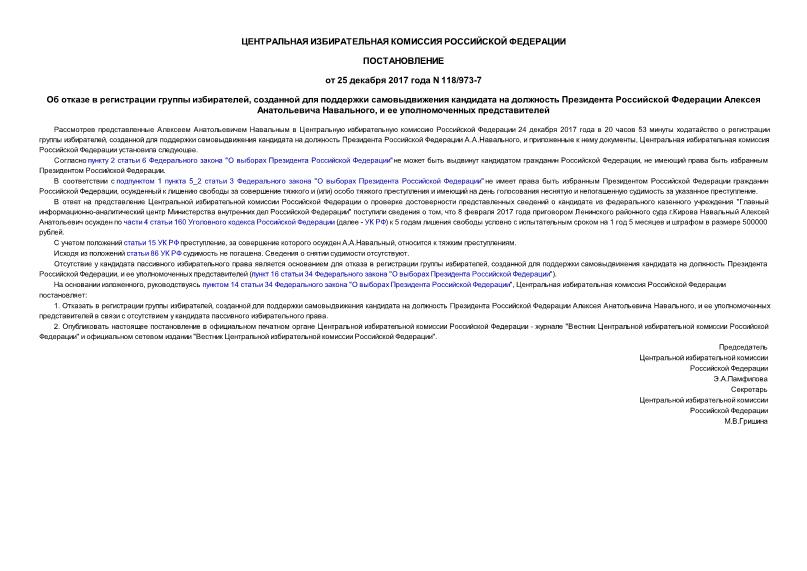 Постановление 118/973-7 Об отказе в регистрации группы избирателей, созданной для поддержки самовыдвижения кандидата на должность Президента Российской Федерации Алексея Анатольевича Навального, и ее уполномоченных представителей