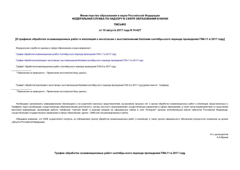 Письмо 10-627 О графиках обработки экзаменационных работ и апелляций о несогласии с выставленными баллами сентябрьского периода проведения ГИА-11 в 2017 году