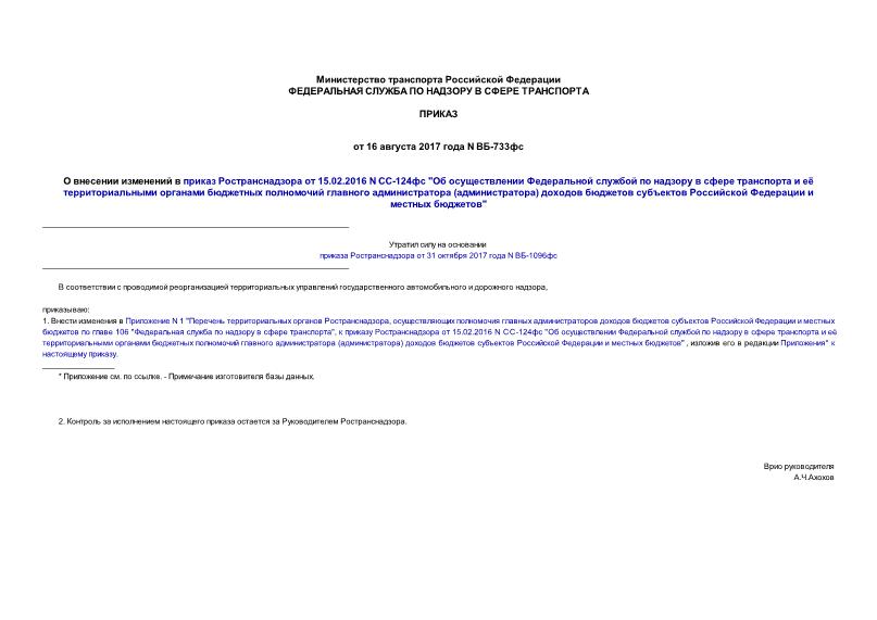 Приказ ВБ-733фс О внесении изменений в приказ Ространснадзора от 15.02.2016 N СС-124фс 