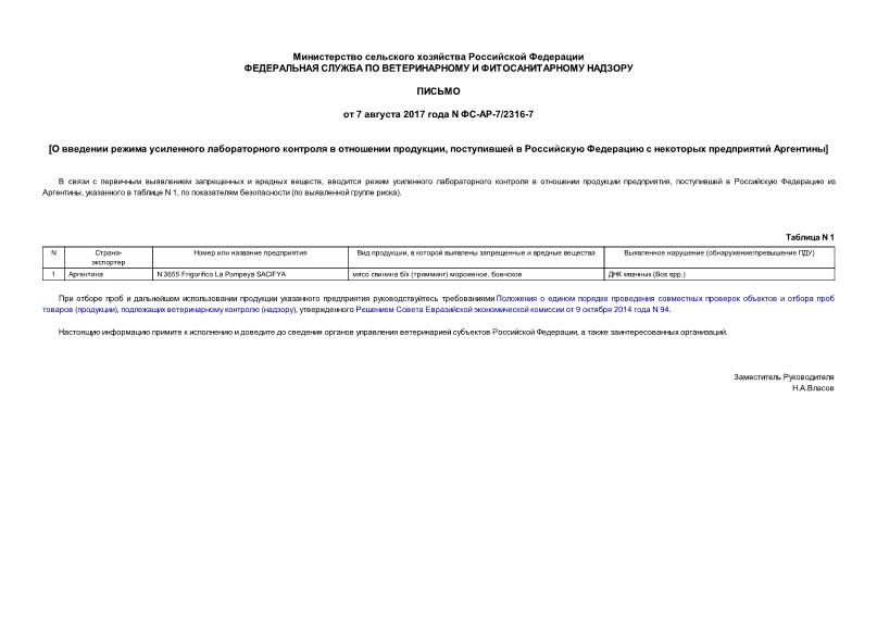 Письмо ФС-АР-7/2316-7 О введении режима усиленного лабораторного контроля в отношении продукции, поступившей в Российскую Федерацию с некоторых предприятий Аргентины