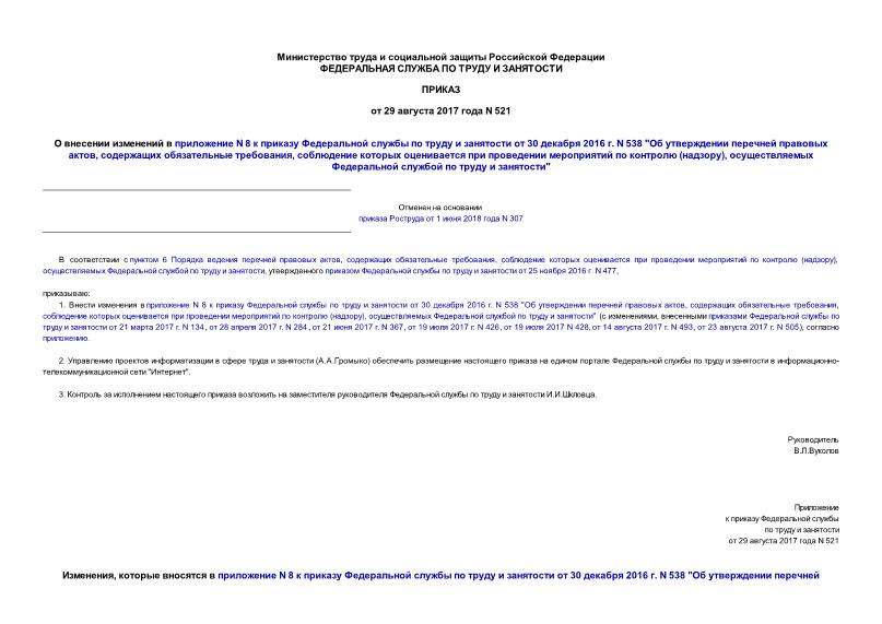 Приказ 521 О внесении изменений в приложение N 8 к приказу Федеральной службы по труду и занятости от 30 декабря 2016 г. N 538 