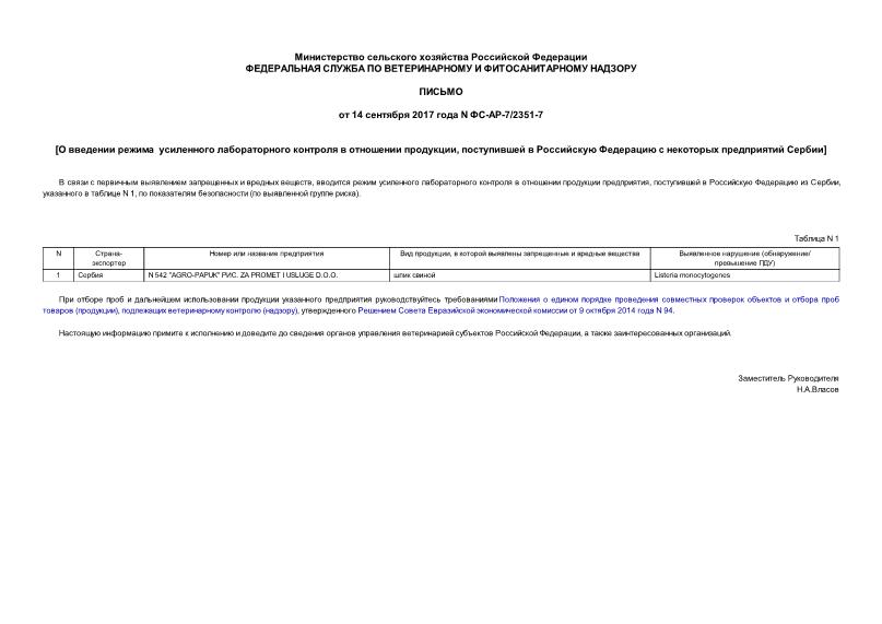 Письмо ФС-АР-7/2351-7 О введении режима усиленного лабораторного контроля в отношении продукции, поступившей в Российскую Федерацию с некоторых предприятий Сербии