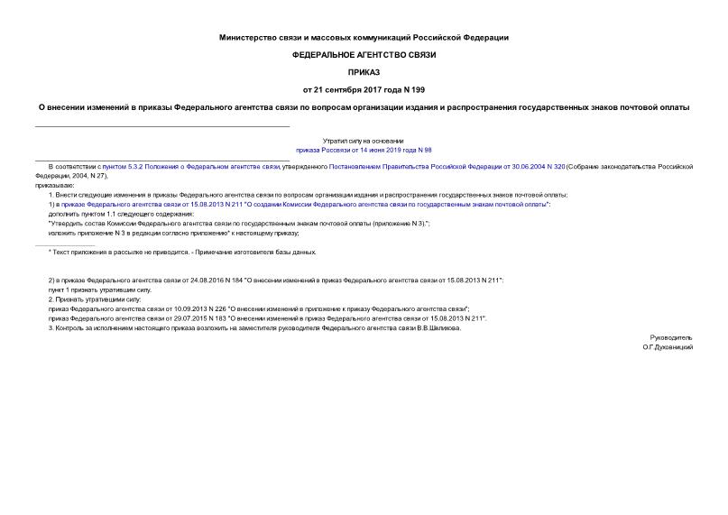 Приказ 199 О внесении изменений в приказы Федерального агентства связи по вопросам организации издания и распространения государственных знаков почтовой оплаты