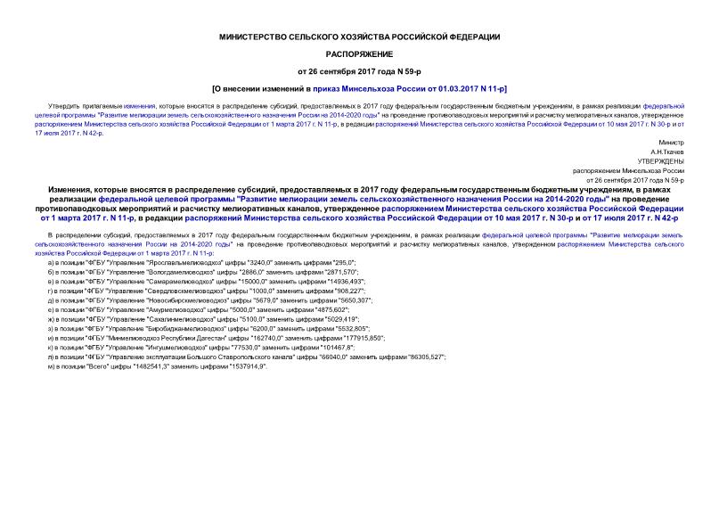 Распоряжение 59-р О внесении изменений в приказ Минсельхоза России от 01.03.2017 N 11-р