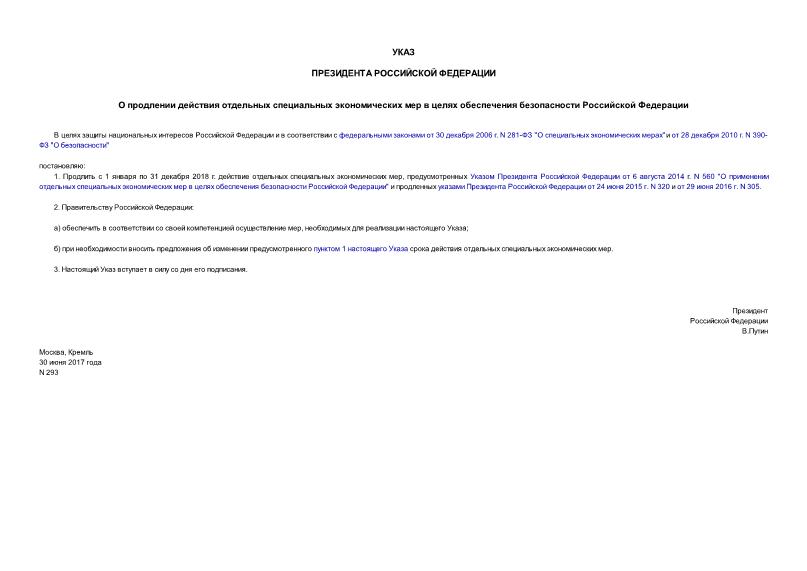 Указ 293 О продлении действия отдельных специальных экономических мер в целях обеспечения безопасности Российской Федерации