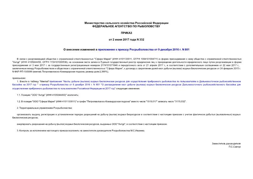 Приказ 332 О внесении изменений в приложение к приказу Росрыболовства от 9 декабря 2016 г. N 801