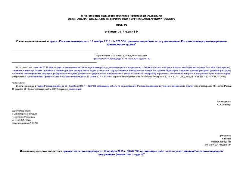 Приказ 544 О внесении изменений в приказ Россельхознадзора от 18 ноября 2015 г. N 828 