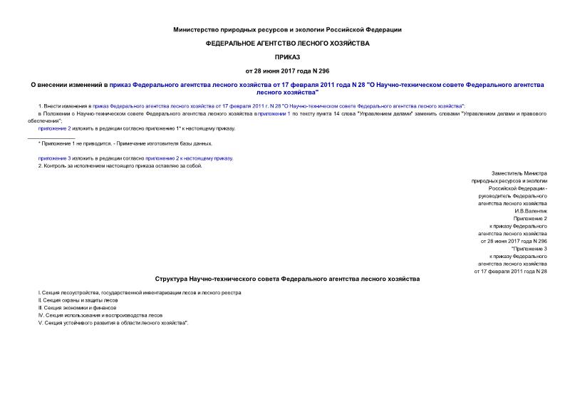 Приказ 296 О внесении изменений в приказ Федерального агентства лесного хозяйства от 17 февраля 2011 года N 28 