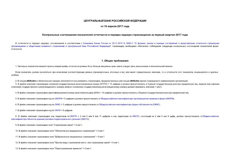 Информация  Контрольные соотношения показателей отчетности в порядке надзора страховщиков за первый квартал 2017 года