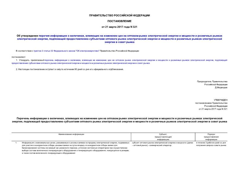 Постановление 321 Об утверждении перечня информации о величинах, влияющих на изменение цен на оптовом рынке электрической энергии и мощности и розничных рынках электрической энергии, подлежащей предоставлению субъектами оптового рынка электрической энергии и мощности и розничных рынков электрической энергии в совет рынка