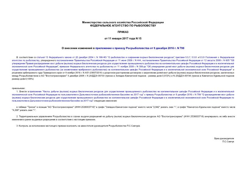 Приказ 15 О внесении изменений в приложение к приказу Росрыболовства от 9 декабря 2016 г. N 799