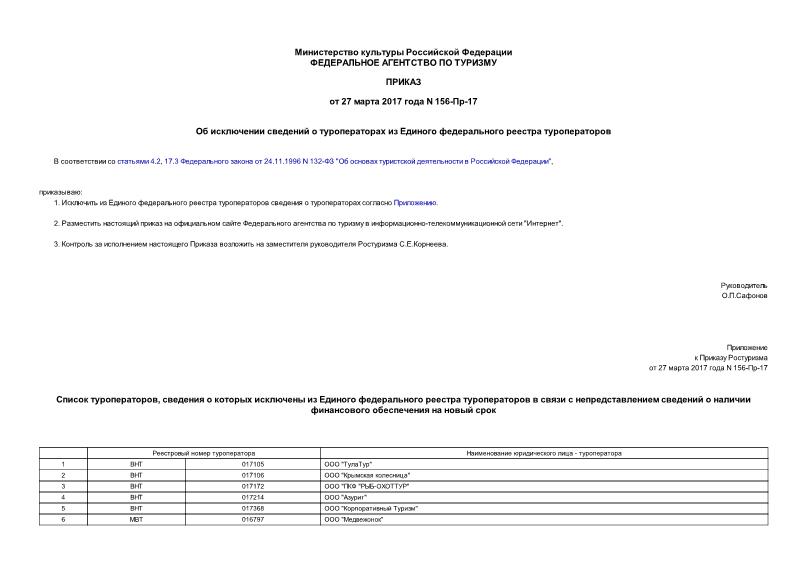 Приказ 156-Пр-17 Об исключении сведений о туроператорах из Единого федерального реестра туроператоров