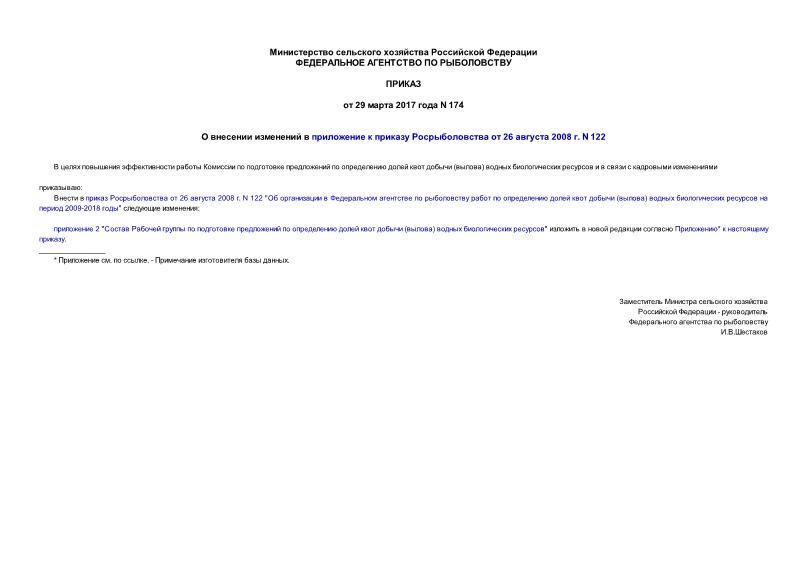 Приказ 174 О внесении изменений в приложение к приказу Росрыболовства от 26 августа 2008 г. N 122
