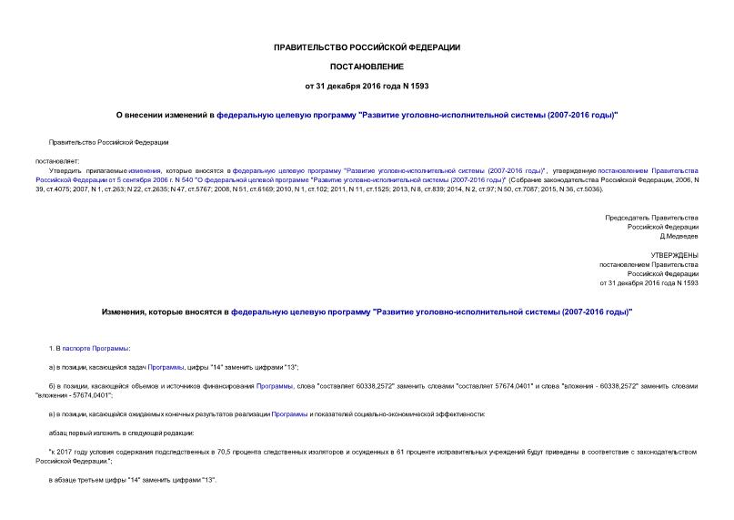 Постановление 1593 О внесении изменений в федеральную целевую программу 