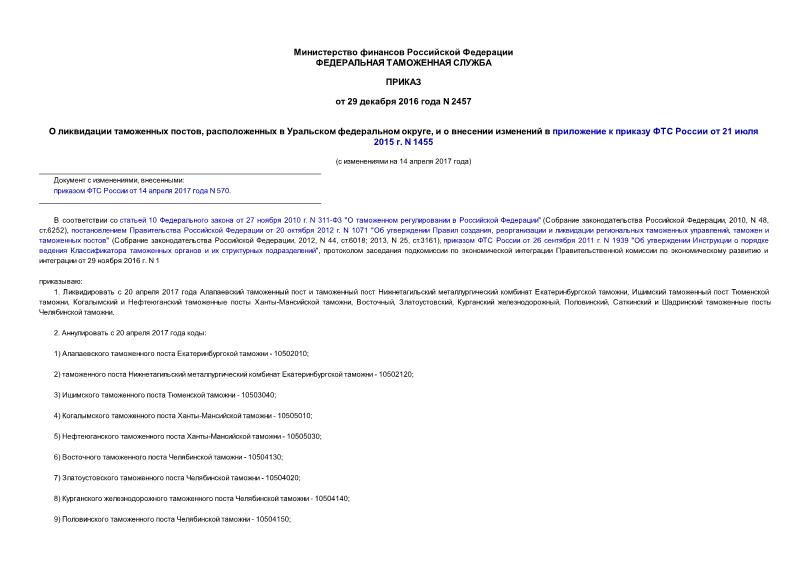 Приказ 2457 О ликвидации таможенных постов, расположенных в Уральском федеральном округе, и о внесении изменений в приложение к приказу ФТС России от 21 июля 2015 г. N 1455