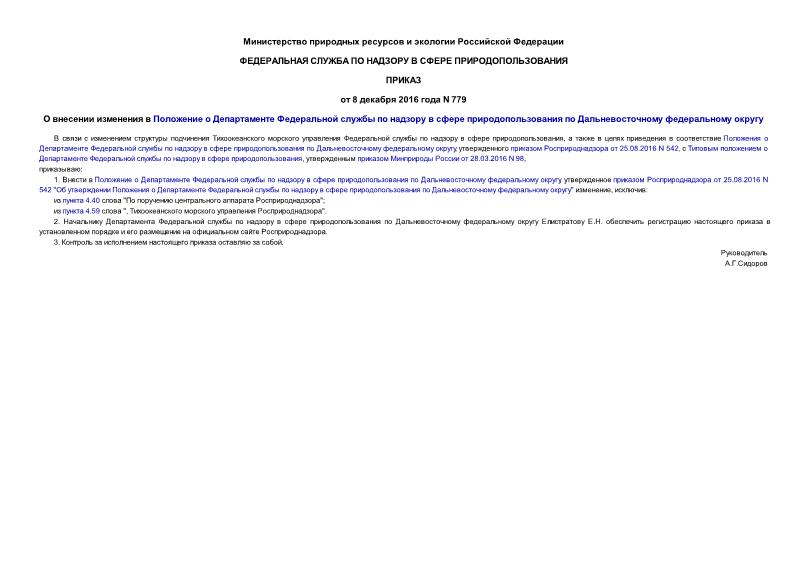 Приказ 779 О внесении изменения в Положение о Департаменте Федеральной службы по надзору в сфере природопользования по Дальневосточному федеральному округу