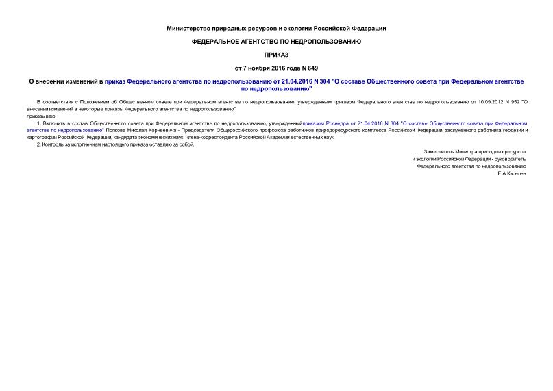 Приказ 649 О внесении изменений в приказ Федерального агентства по недропользованию от 21.04.2016 N 304 