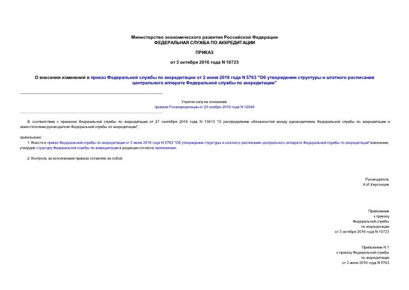 Приказ 10723 О внесении изменений в приказ Федеральной службы по аккредитации от 2 июня 2016 года N 5763 