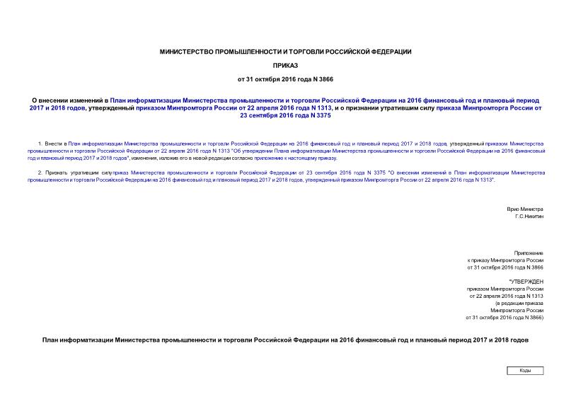 Приказ 3866 О внесении изменений в План информатизации Министерства промышленности и торговли Российской Федерации на 2016 финансовый год и плановый период 2017 и 2018 годов, утвержденный приказом Минпромторга России от 22 апреля 2016 года N 1313, и о признании утратившим силу приказа Минпромторга России от 23 сентября 2016 года N 3375