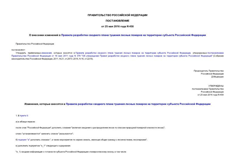 Постановление 458 О внесении изменений в Правила разработки сводного плана тушения лесных пожаров на территории субъекта Российской Федерации