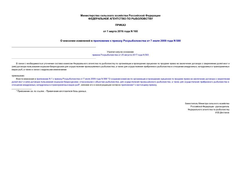 Приказ 160 О внесении изменений в приложение к приказу Росрыболовства от 7 июля 2009 года N 588