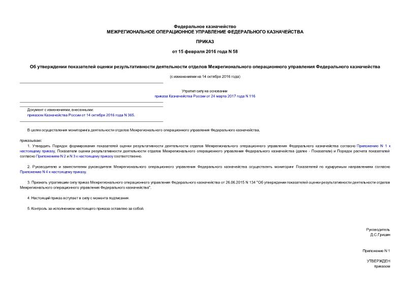 Приказ 58 Об утверждении показателей оценки результативности деятельности отделов Межрегионального операционного управления Федерального казначейства