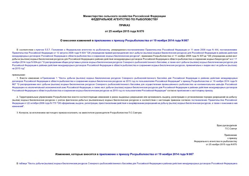 Приказ 870 О внесении изменений в приложение к приказу Росрыболовства от 19 ноября 2014 года N 867