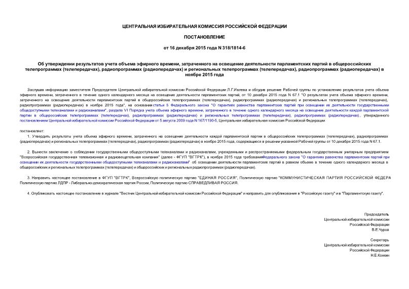 Постановление 318/1814-6 Об утверждении результатов учета объема эфирного времени, затраченного на освещение деятельности парламентских партий в общероссийских телепрограммах (телепередачах), радиопрограммах (радиопередачах) и региональных телепрограммах (телепередачах), радиопрограммах (радиопередачах) в ноябре 2015 года