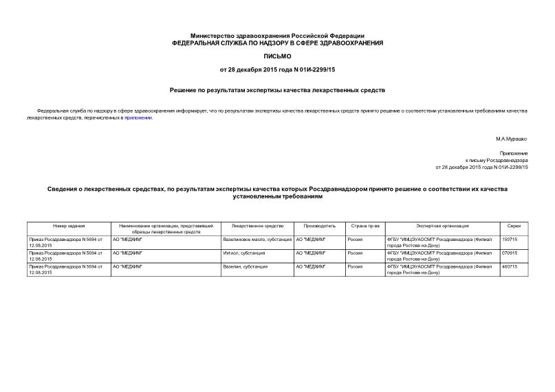 Письмо 01И-2299/15 Решение по результатам экспертизы качества лекарственных средств