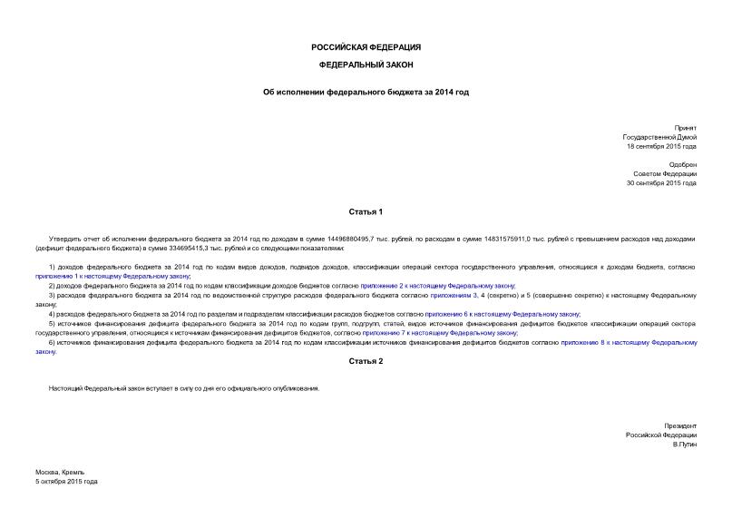 Федеральный закон 276-ФЗ Об исполнении федерального бюджета за 2014 год