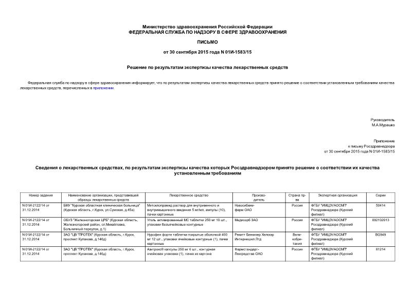 Письмо 01И-1583/15 Решение по результатам экспертизы качества лекарственных средств