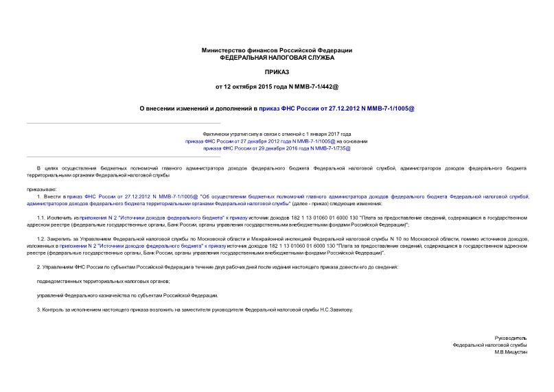 Приказ ММВ-7-1/442@ О внесении изменений и дополнений в приказ ФНС России от 27.12.2012 N ММВ-7-1/1005@