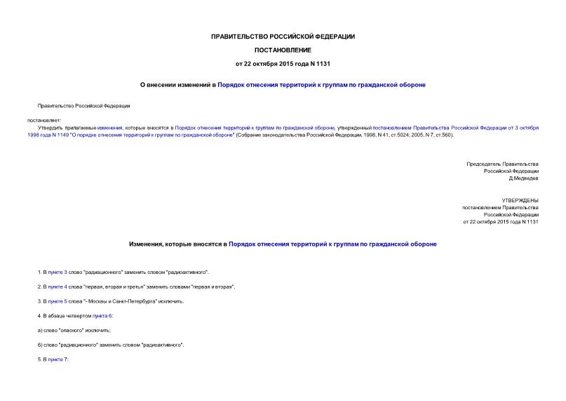 Постановление 1131 О внесении изменений в Порядок отнесения территорий к группам по гражданской обороне