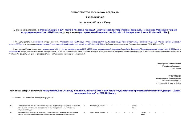 Распоряжение 1346-р О внесении изменений в план реализации в 2014 году и в плановый период 2015 и 2016 годов государственной программы Российской Федерации 