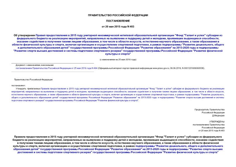 Постановление 483 Об утверждении Правил предоставления в 2015 году унитарной некоммерческой нетиповой образовательной организации 
