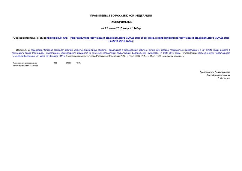Распоряжение 1148-р О внесении изменений в прогнозный план (программу) приватизации федерального имущества и основные направления приватизации федерального имущества на 2014-2016 годы