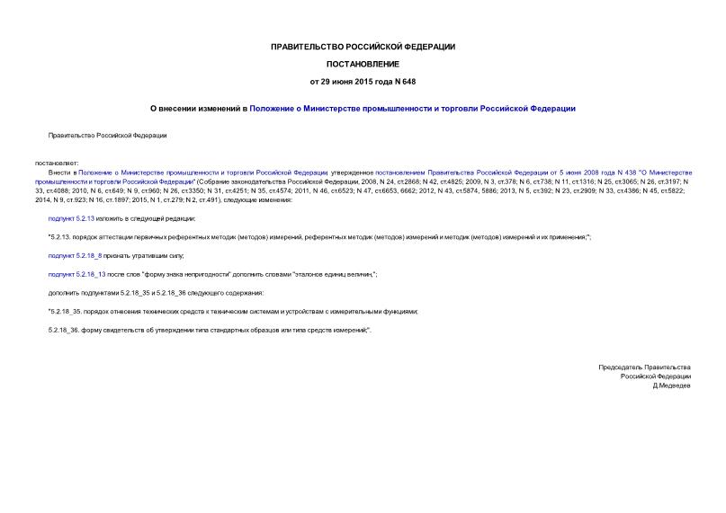 Постановление 648 О внесении изменений в Положение о Министерстве промышленности и торговли Российской Федерации