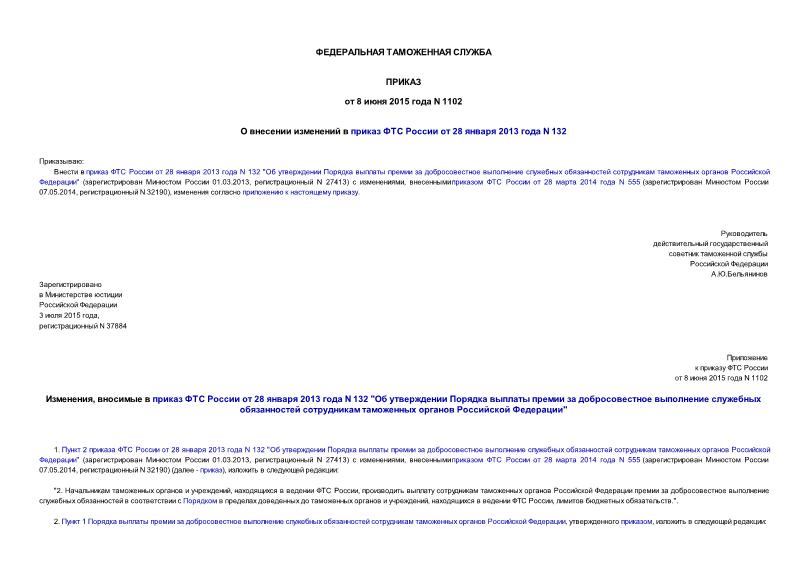 Приказ 1102 О внесении изменений в приказ ФТС России от 28 января 2013 года N 132