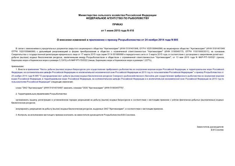 Приказ 410 О внесении изменений в приложение к приказу Росрыболовства от 24 ноября 2014 года N 885