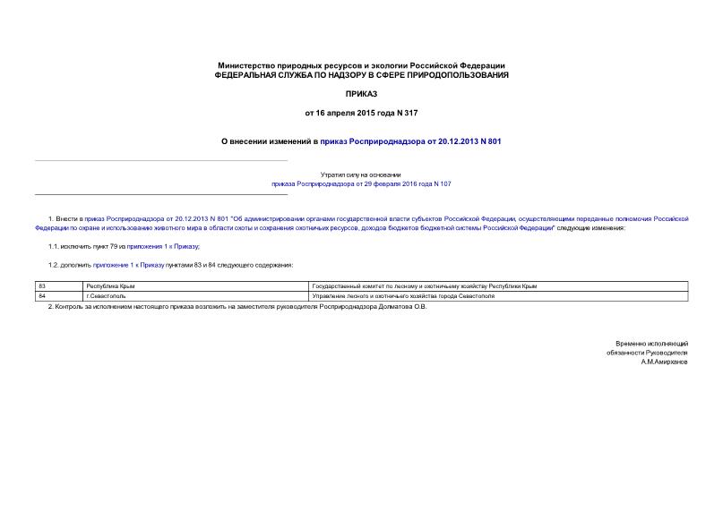Приказ 317 О внесении изменений в приказ Росприроднадзора от 20.12.2013 N 801